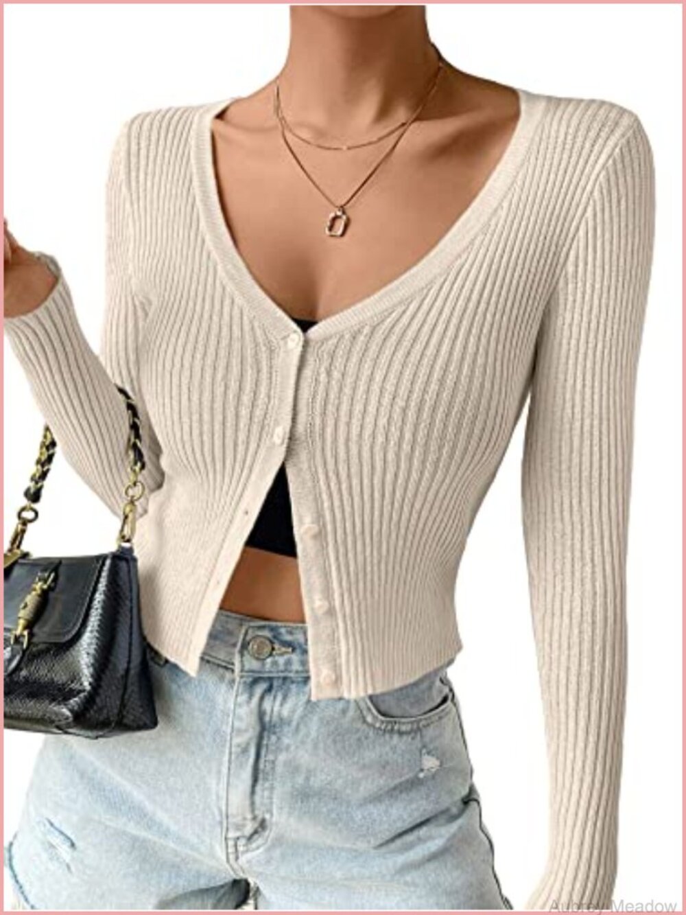 Ribbed Knit V Neck Cropped Cardigan Sweater Lightweight Button Down